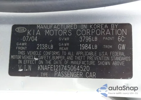 2004 Kia Spectra Ex/Lx from USA, damaged, VIN KNAFE121745064520